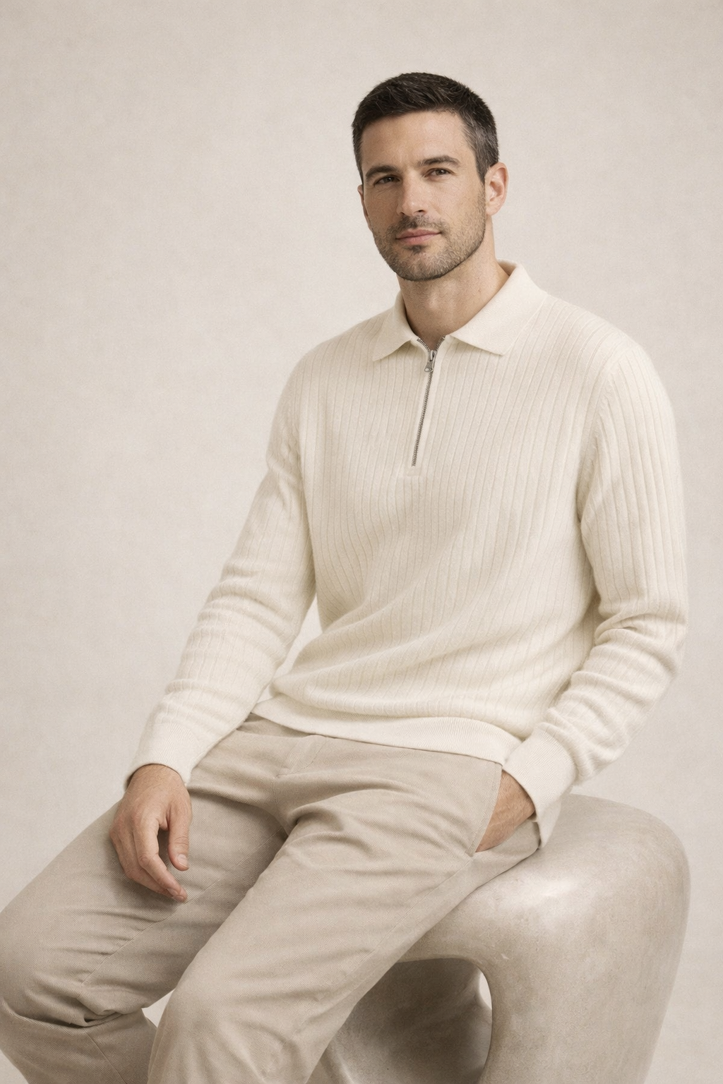 Ribbed Half-Zip Ivory
