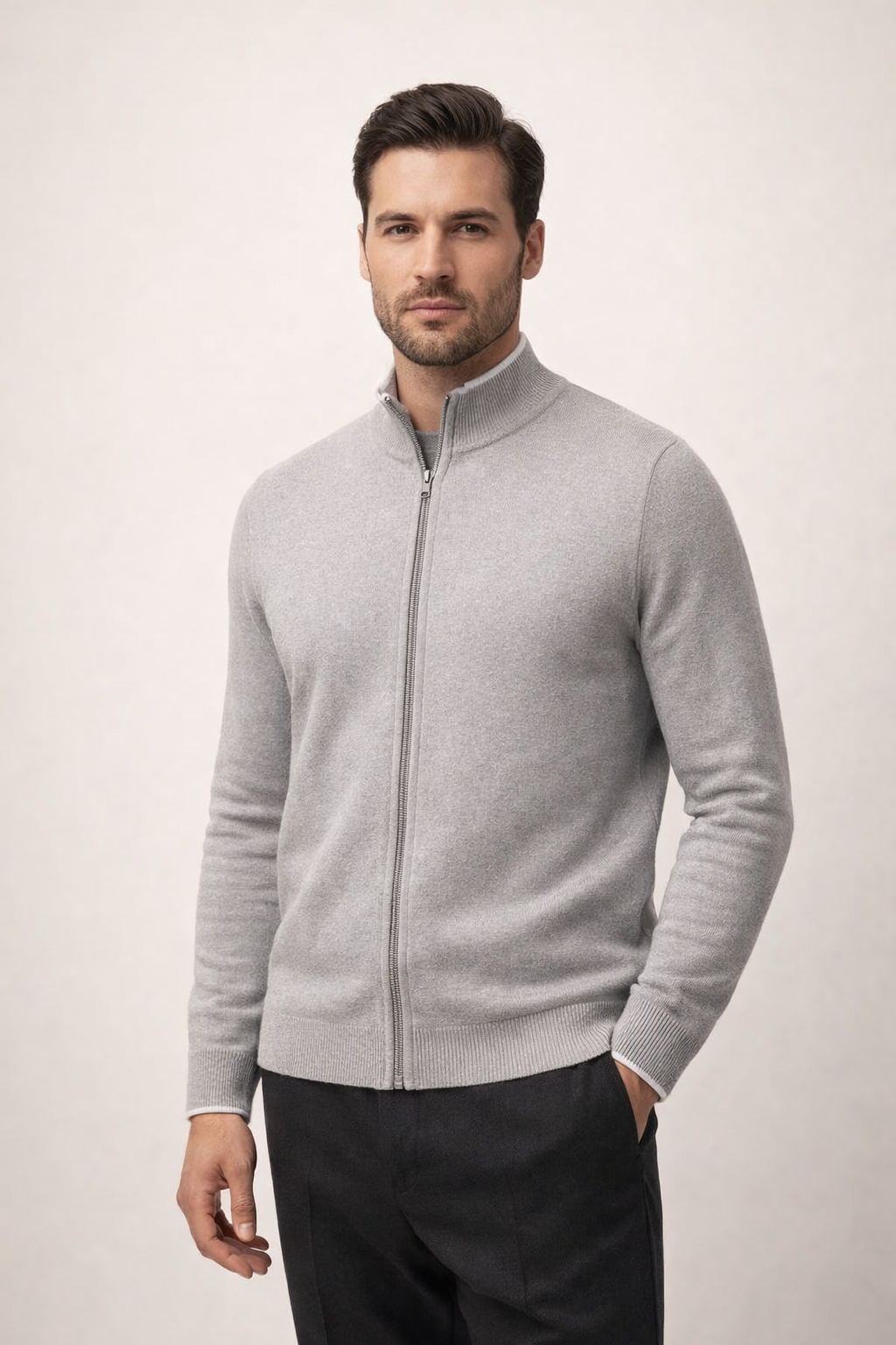 Refined Full Zip Knit Light Grey / White