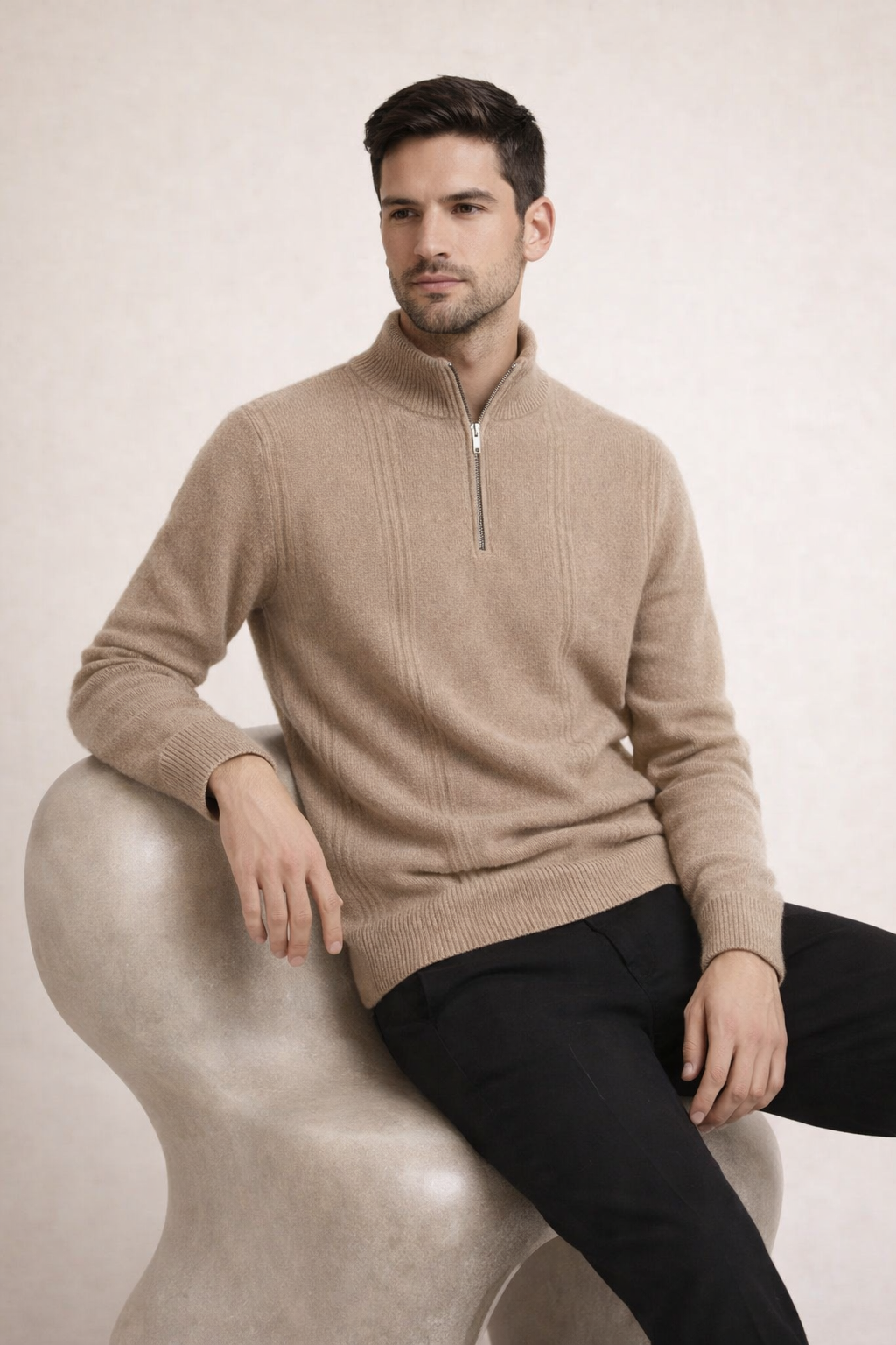 Ribbed Quarter Zip Sand