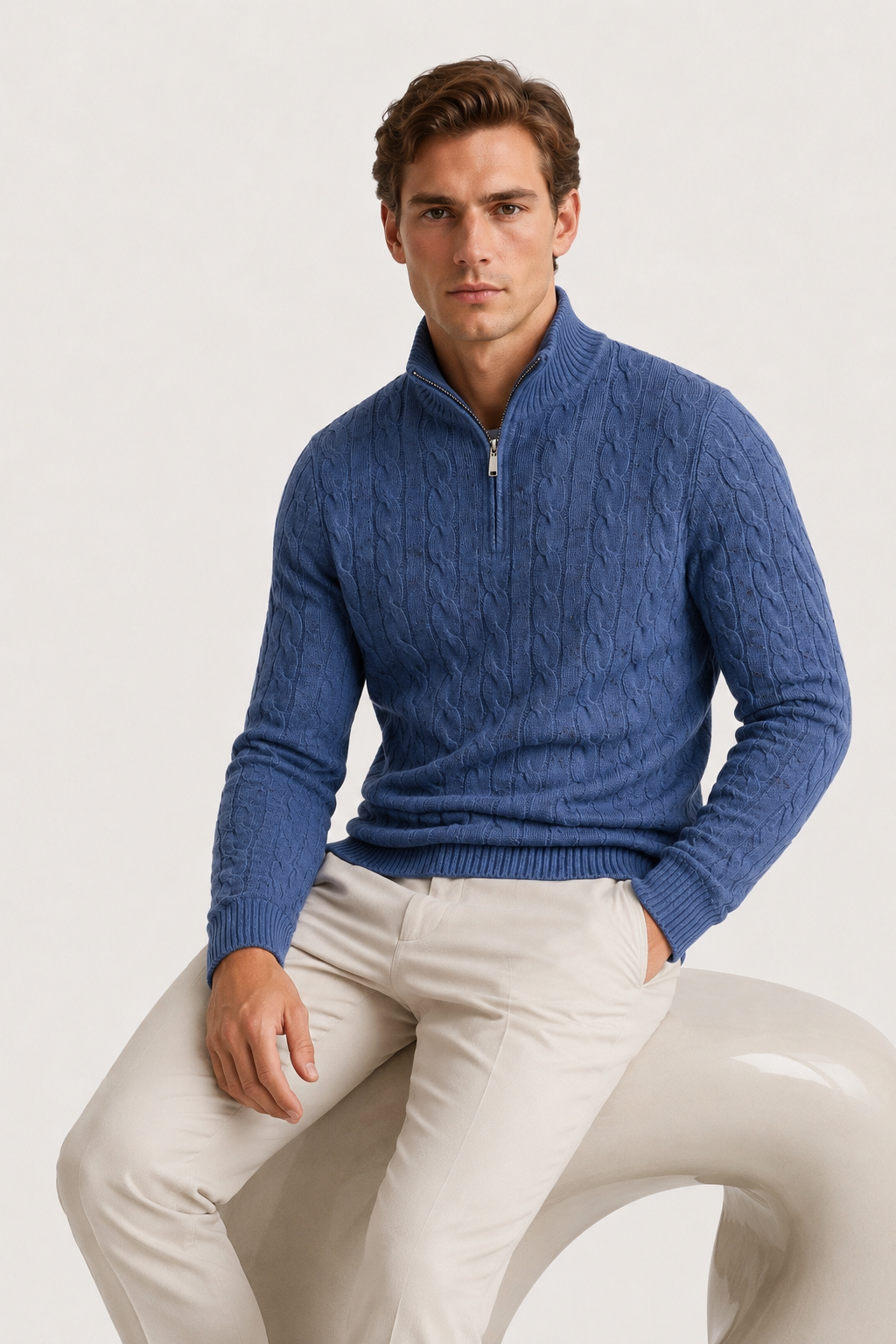 Classic Cable Quarter Zip Demin Blue