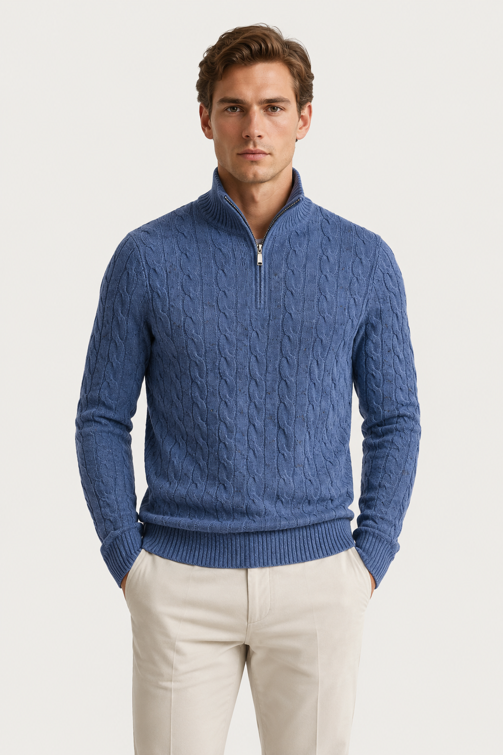 Classic Cable Quarter Zip Demin Blue
