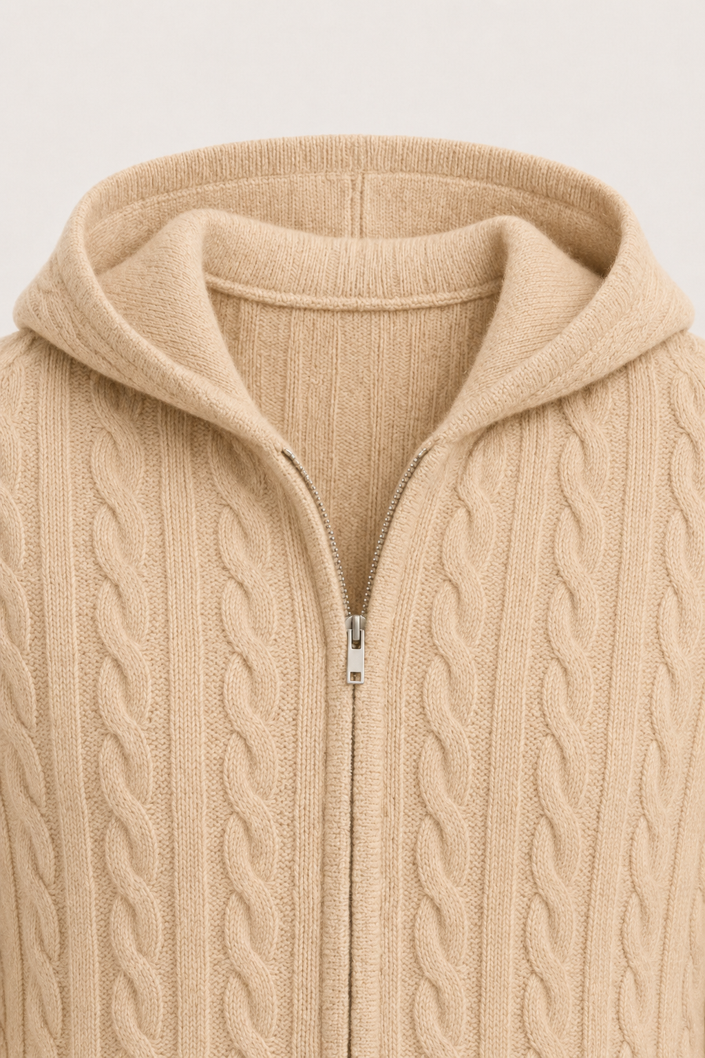 Hooded Cable Knit Sand Beige