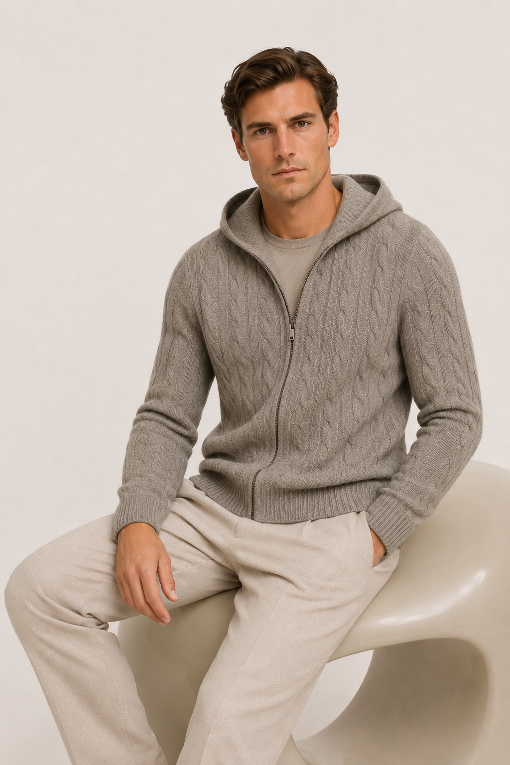 Hooded Cable Knit Gray