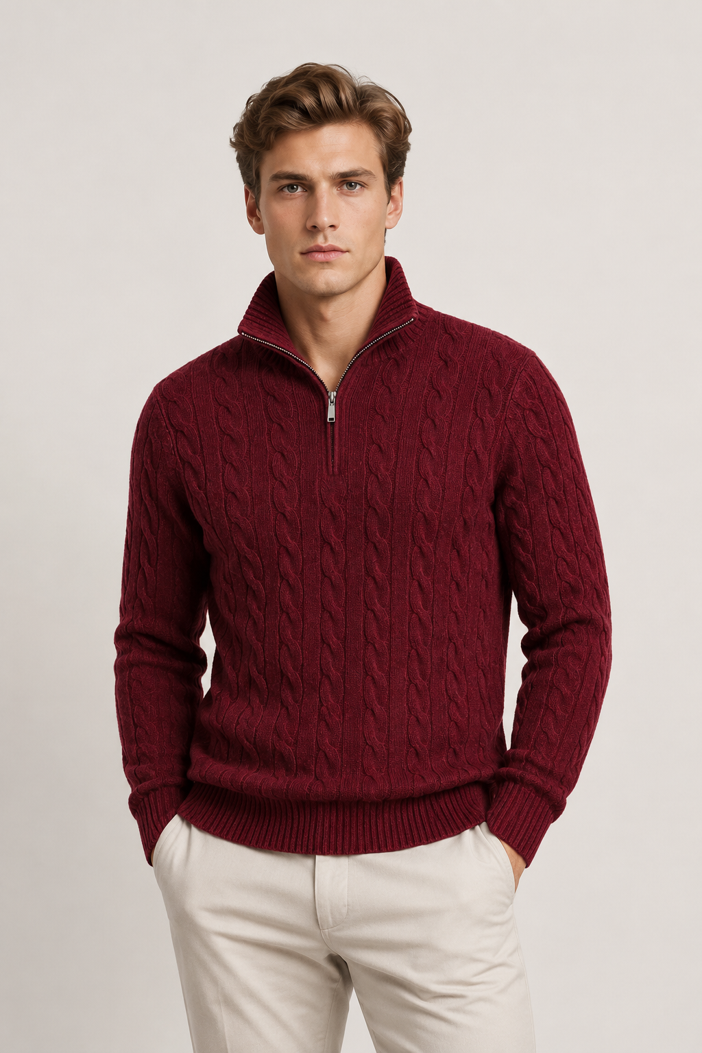 Classic Cable Quarter Zip Red Wine