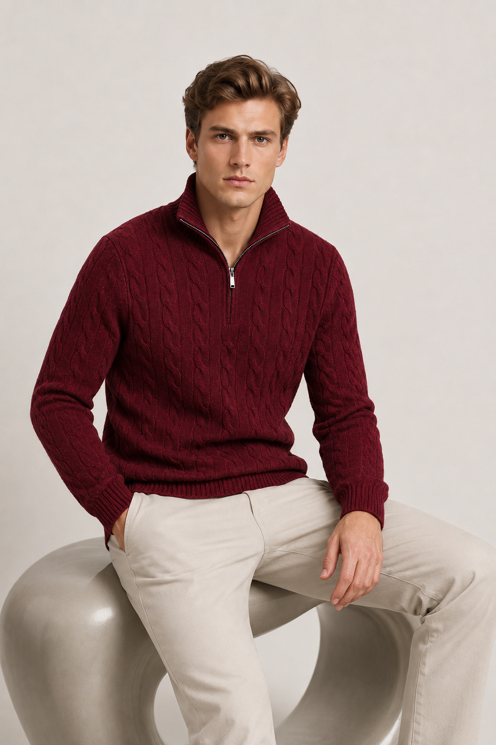 Classic Cable Quarter Zip Red Wine