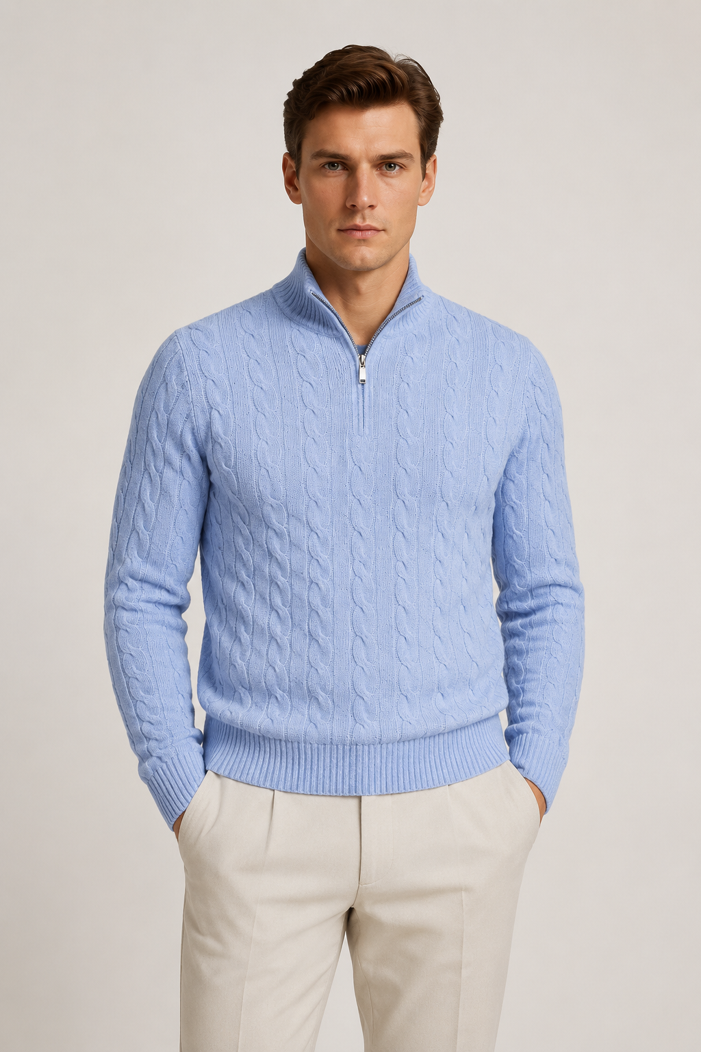 Classic Cable Quarter Zip Light Blue
