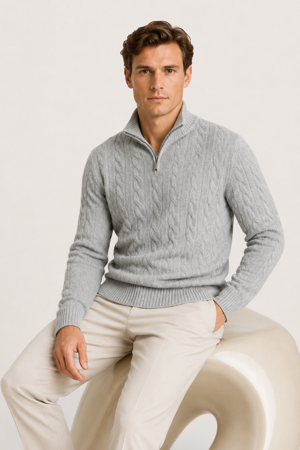 Classic Cable Quarter Zip Grey