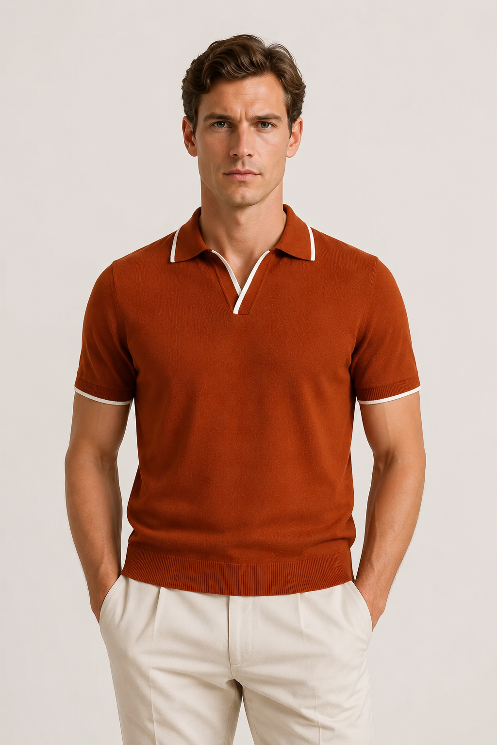Buttonless Striped Polo Terracotta