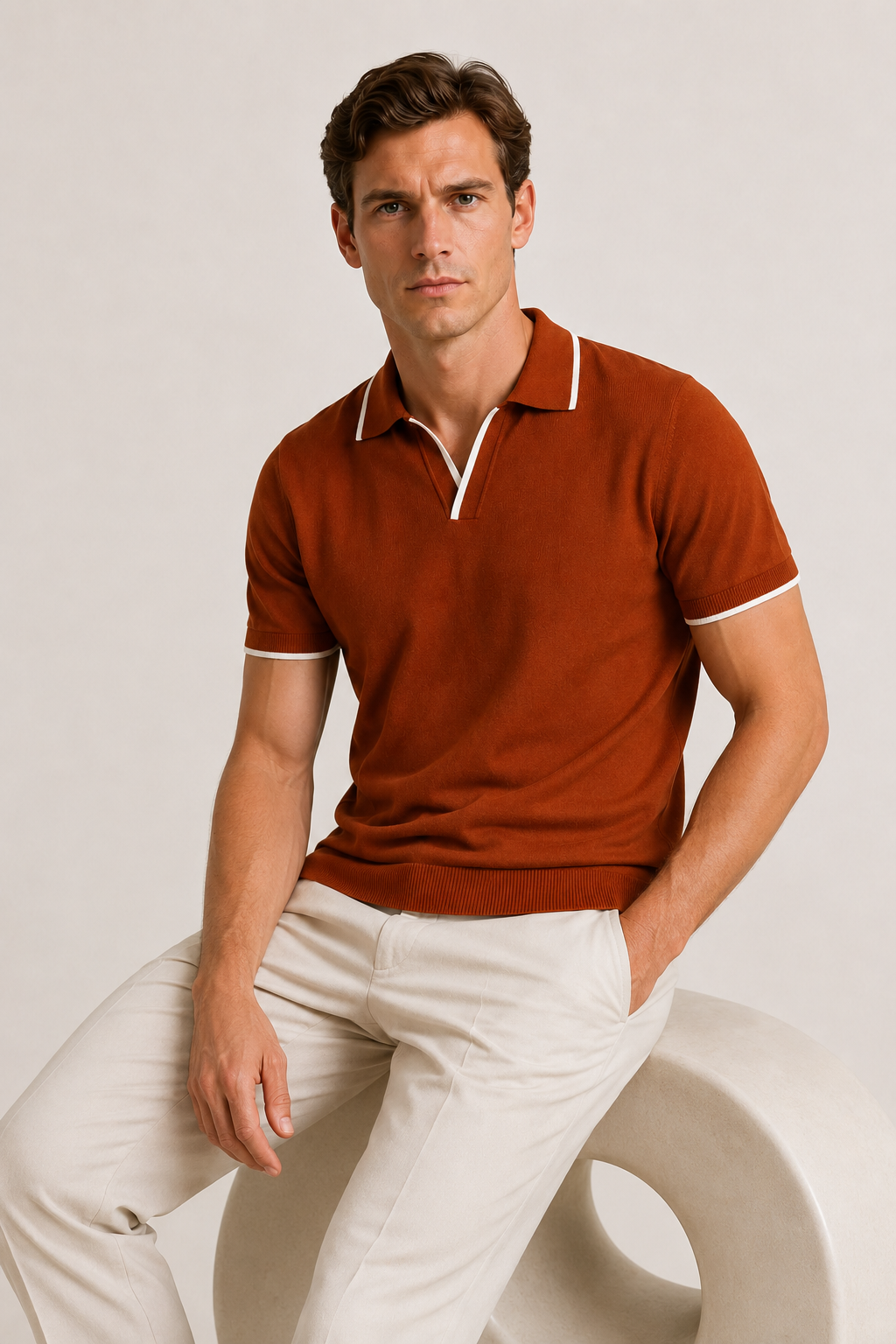 Buttonless Striped Polo Terracotta