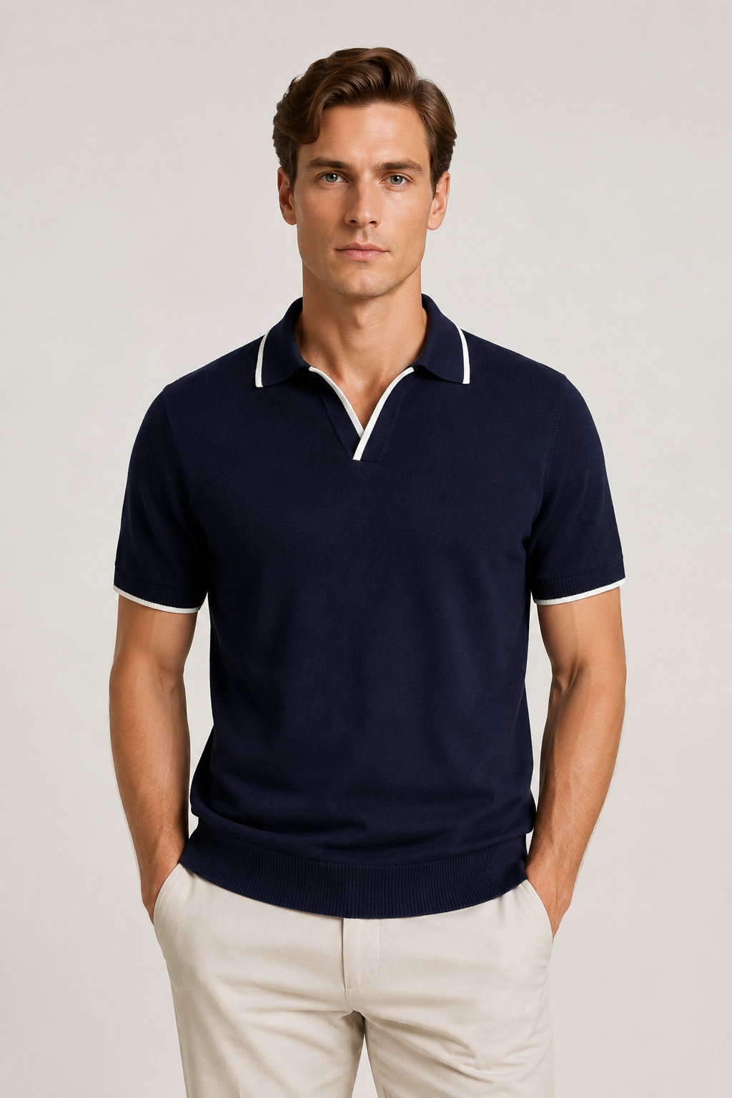 Buttonless Striped Polo Navy