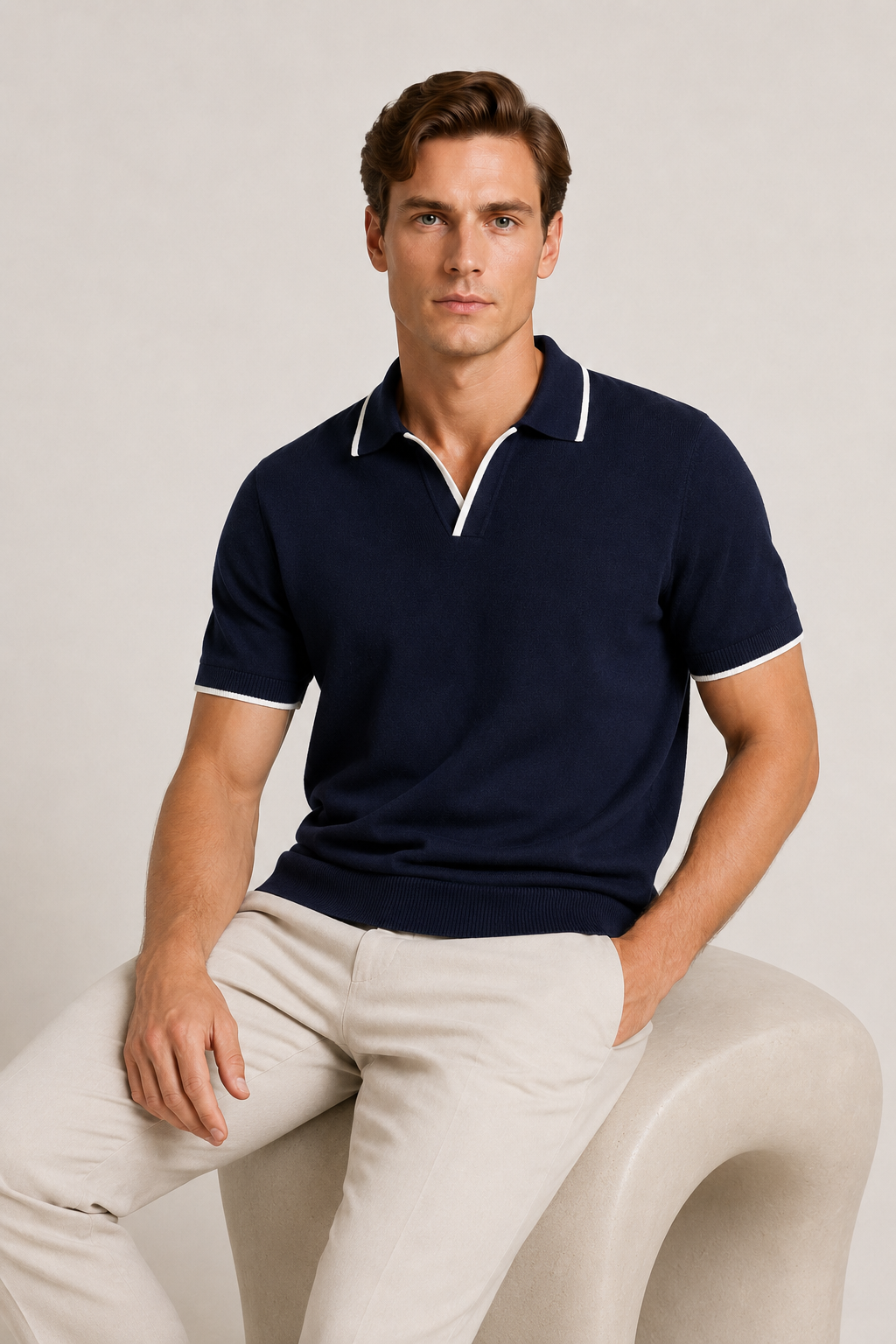 Buttonless Striped Polo Navy