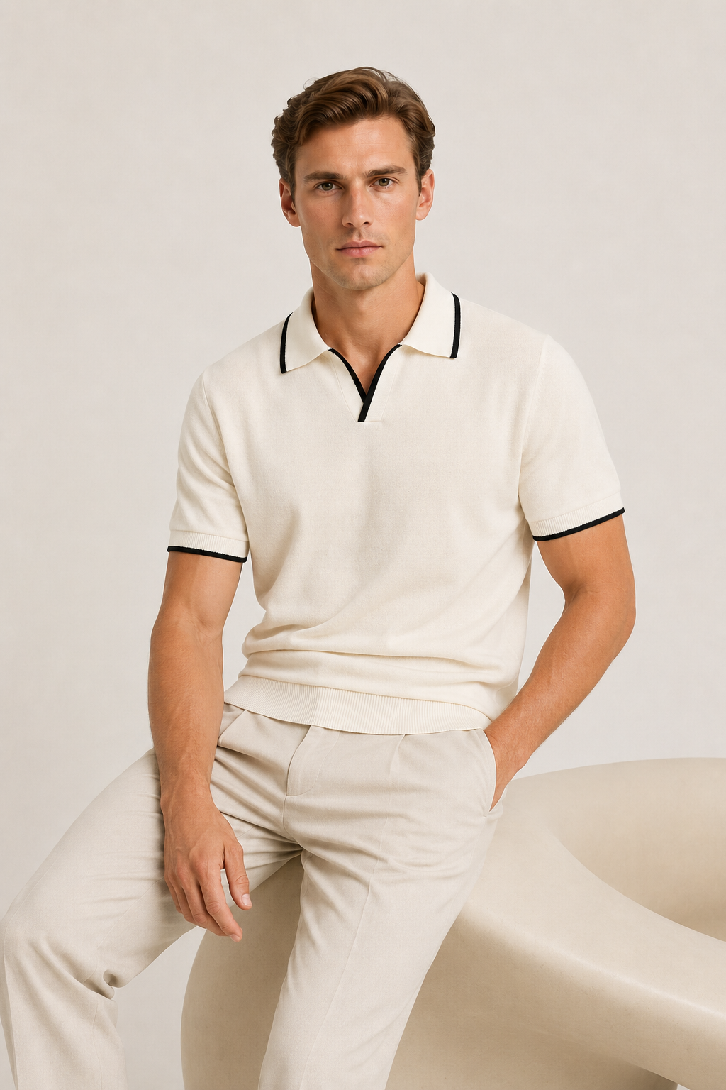 Buttonless Striped Polo Ivory
