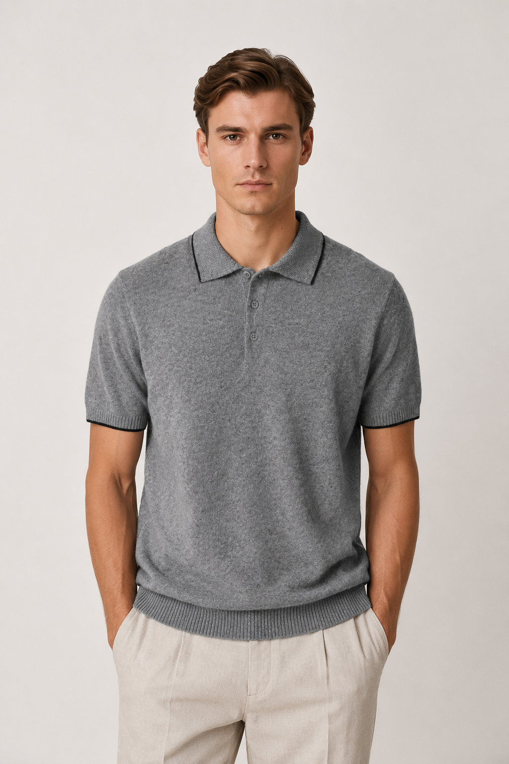 Fine Striped Knit Polo Light Gray