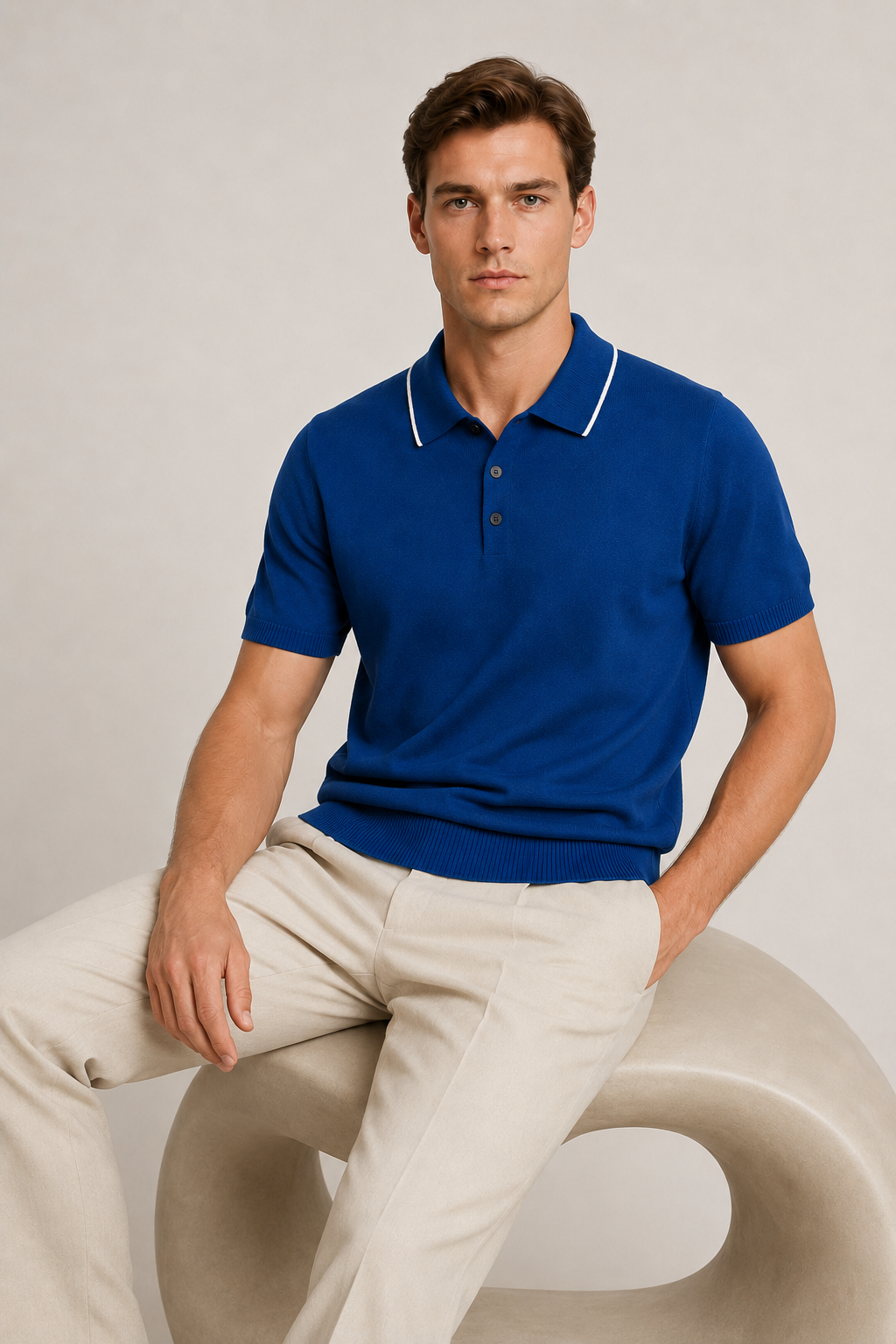 Fine Striped Knit Polo Dark Blue