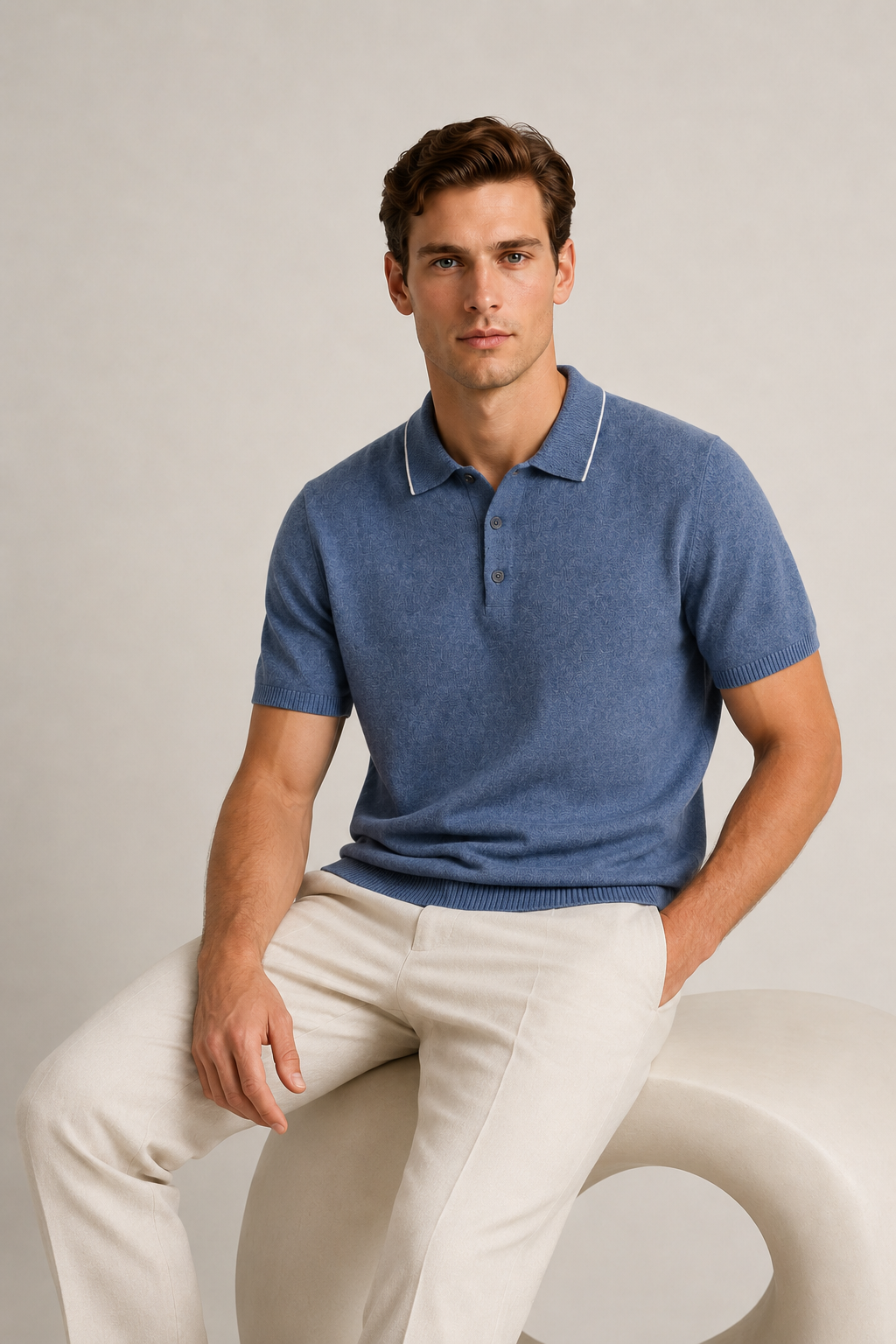 Fine Striped Knit Polo Blue