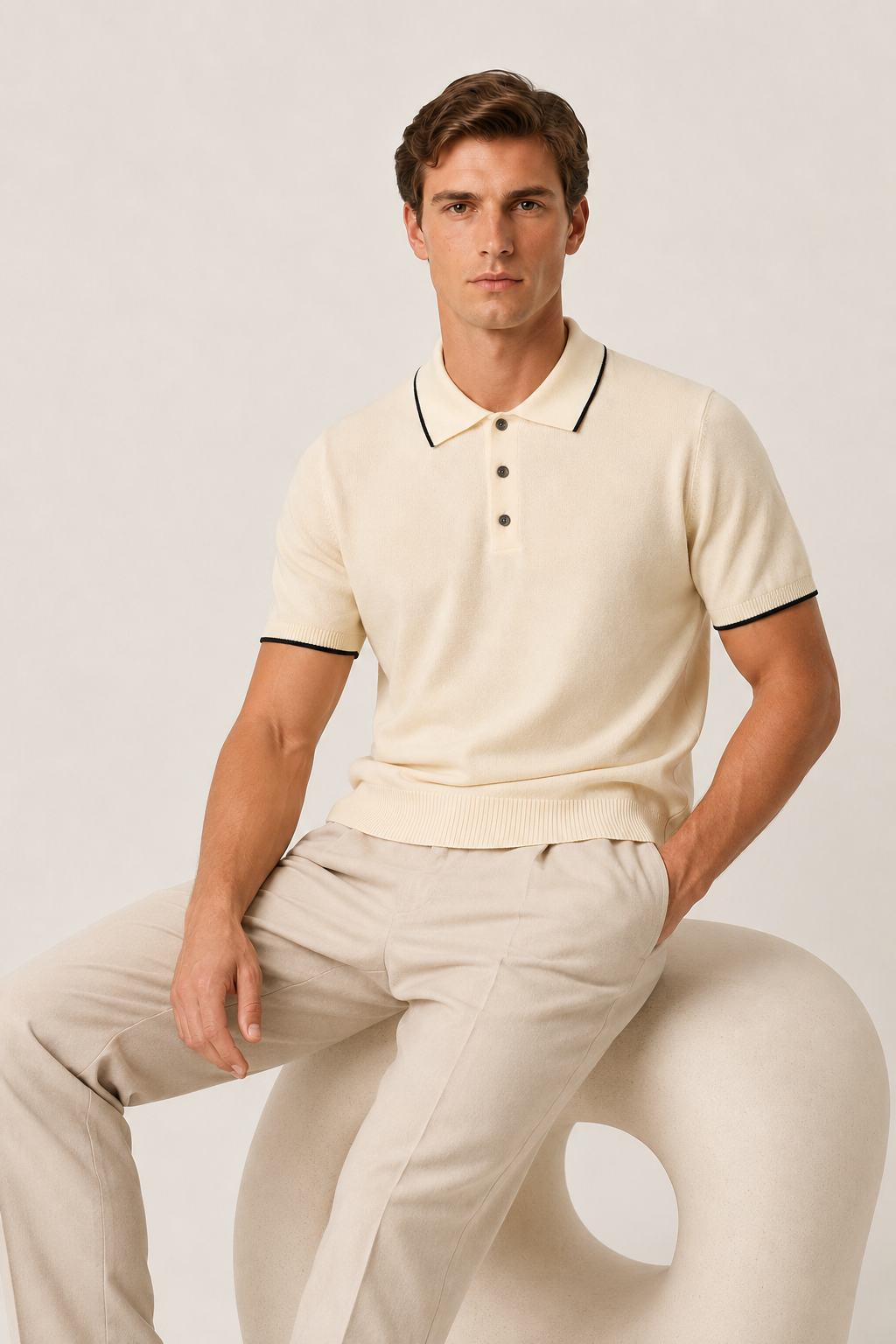 Fine Striped Knit Polo Beige
