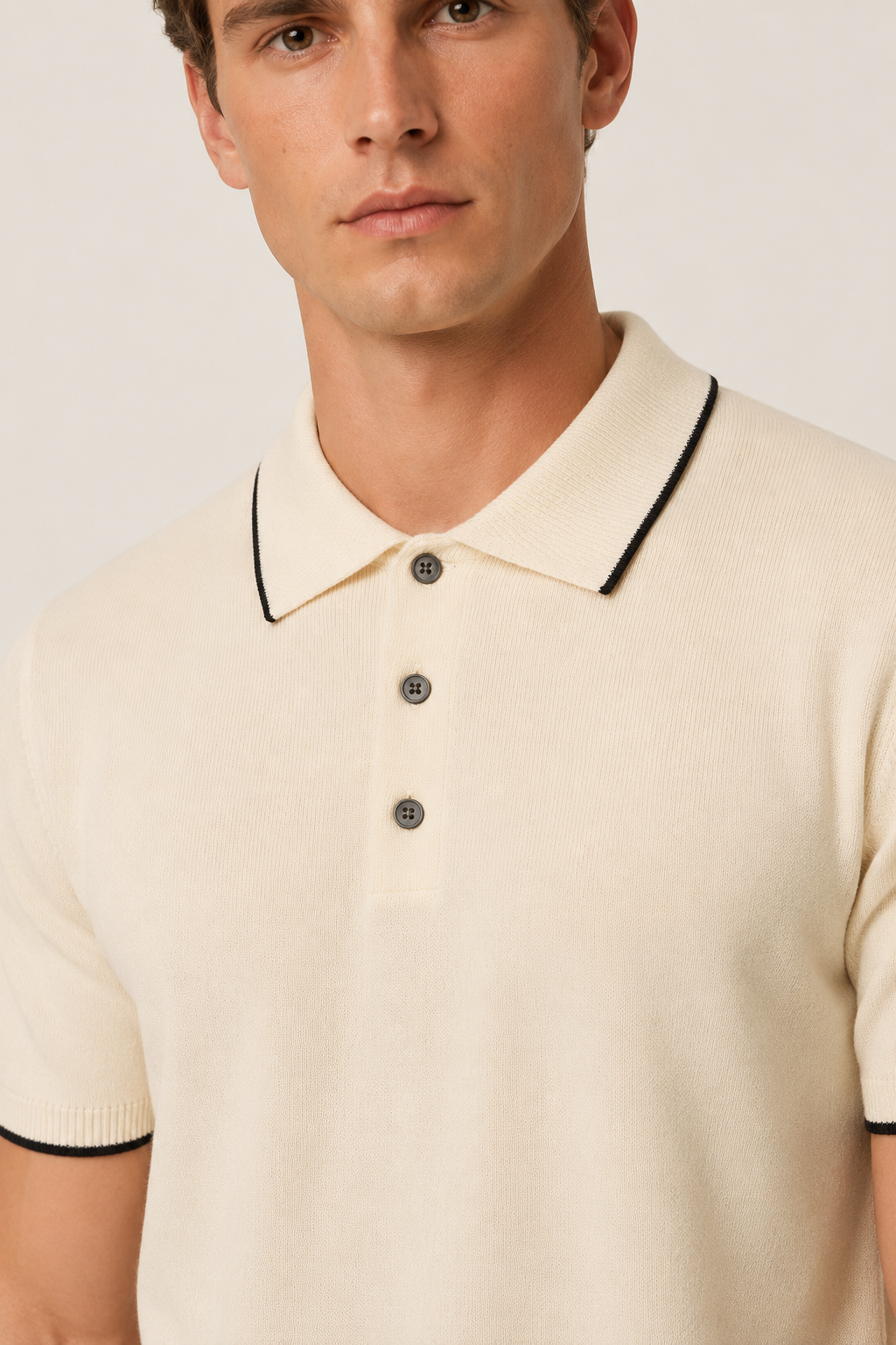 Fine Striped Knit Polo Beige