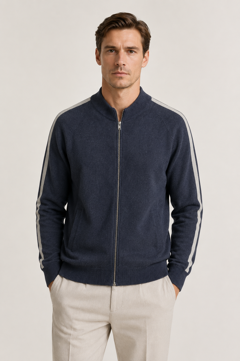 Rib Collar Zip Knit Navy