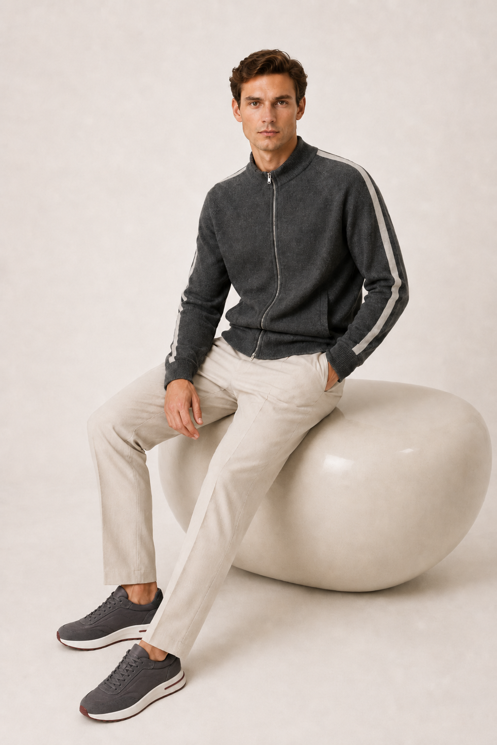 Rib Collar Zip Knit Dark Gray