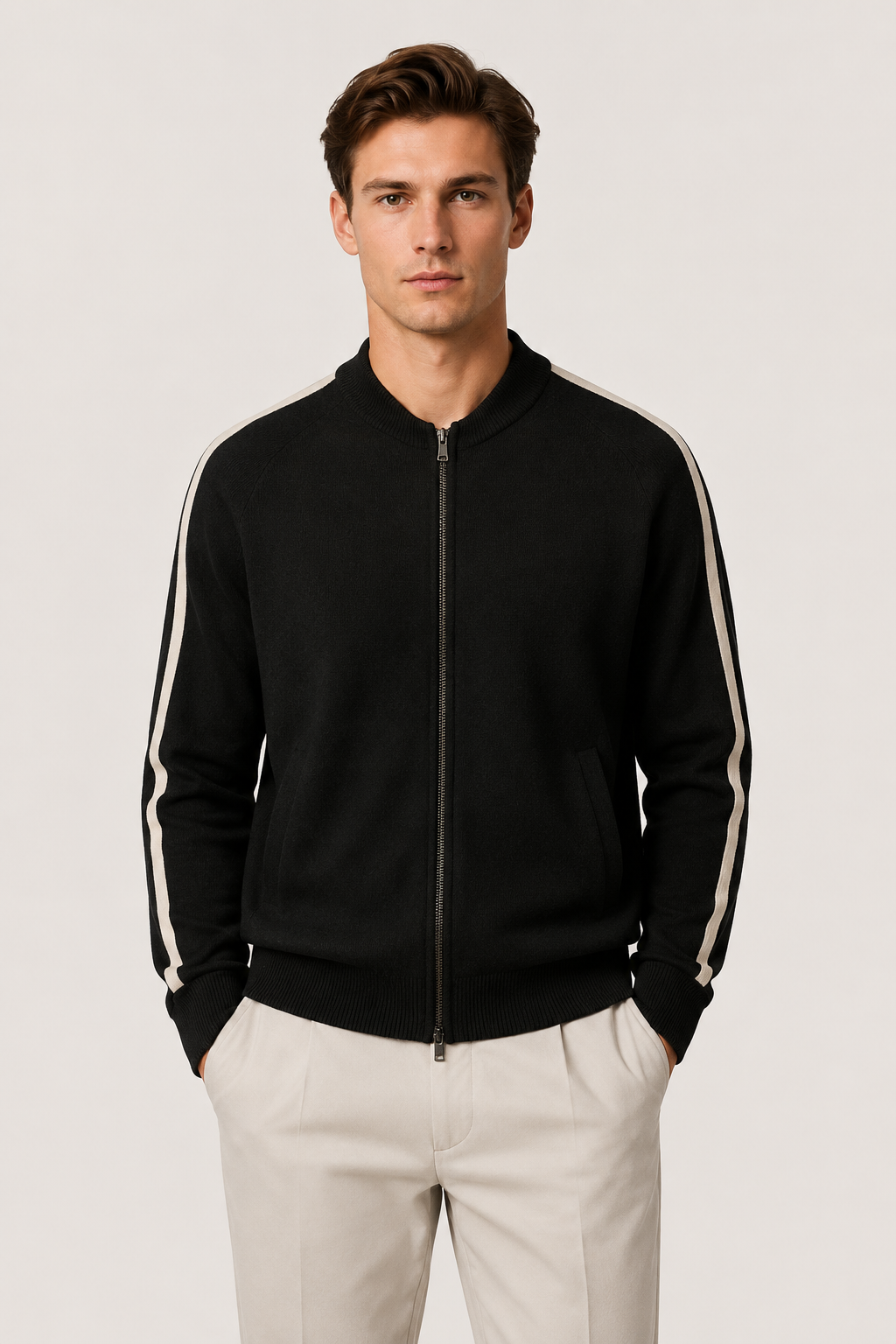 Rib Collar Zip Knit Black