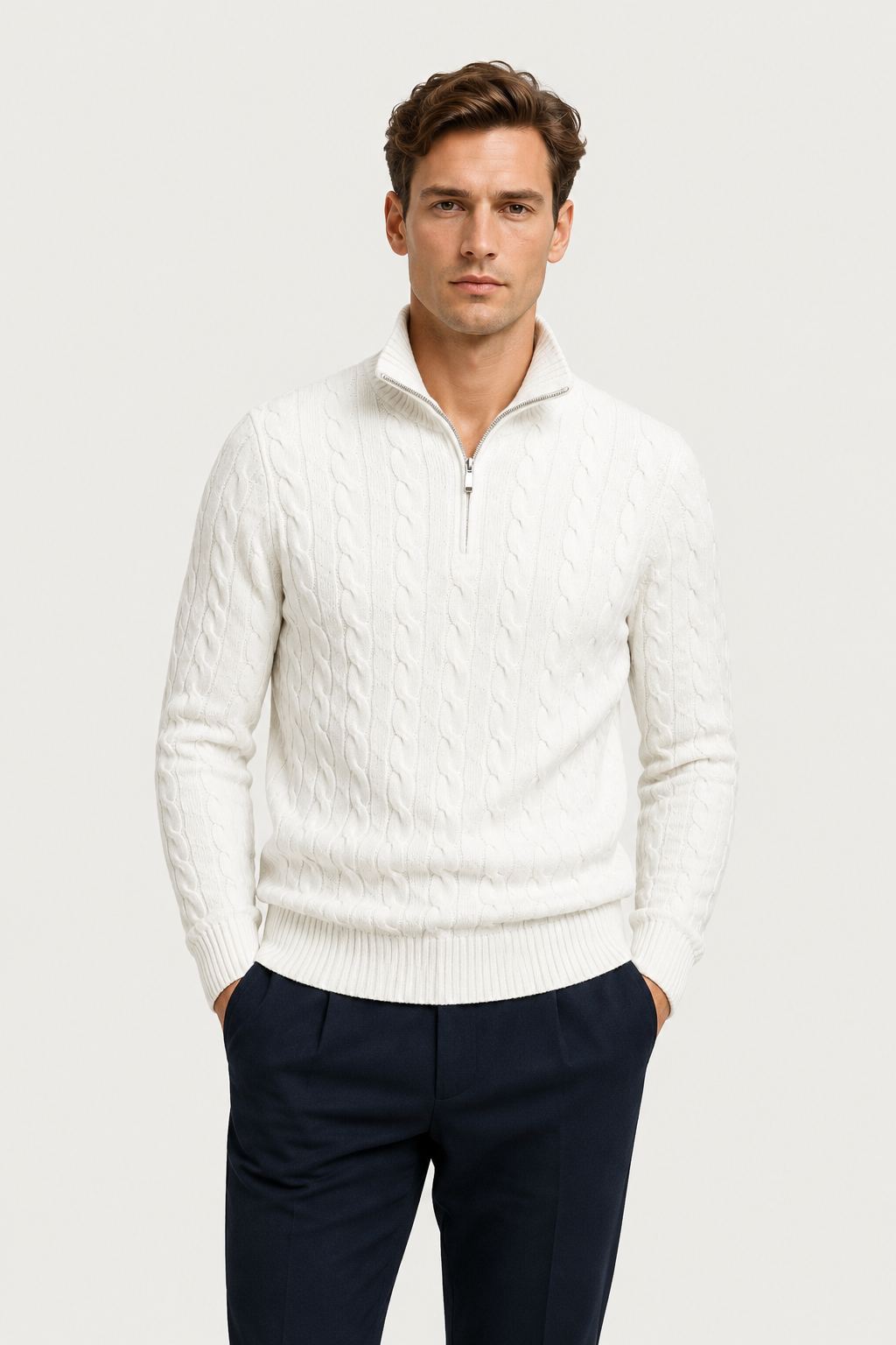 Classic Cable Quarter Zip White