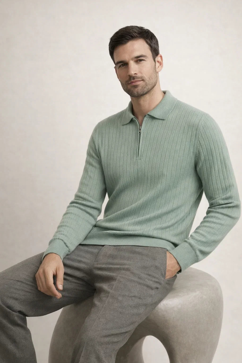 Ribbed Half-Zip Light Green