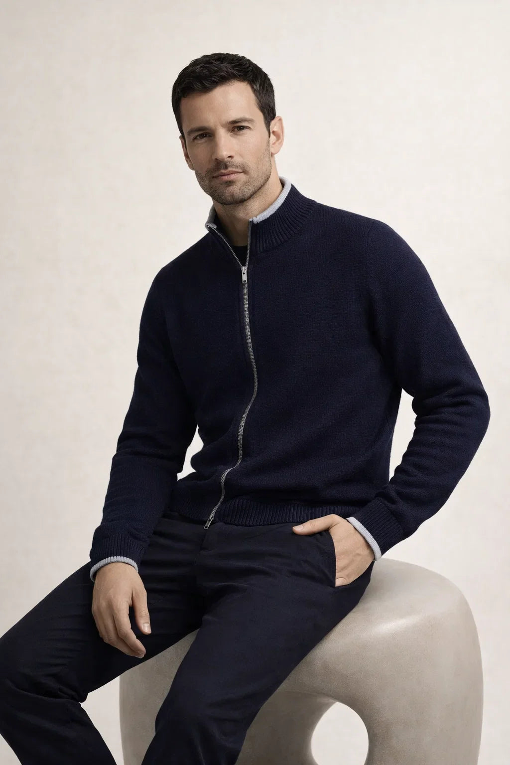 Refined Full Zip Knit Navy / Light Grey