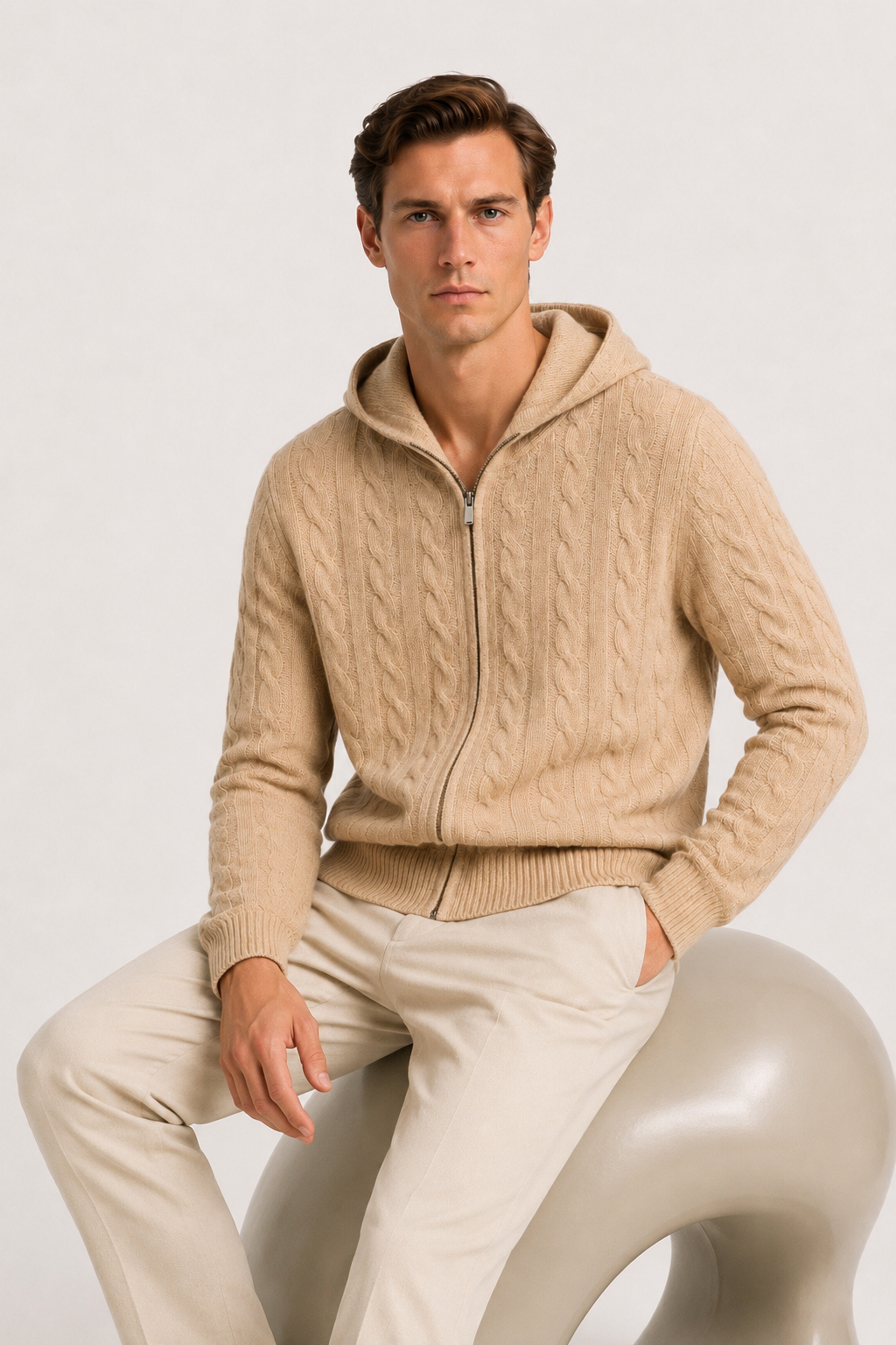 Hooded Cable Knit Sand Beige