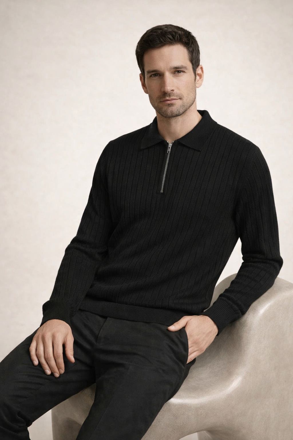 Ribbed Half-Zip Black