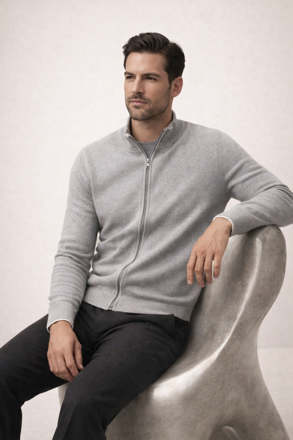 Refined Full Zip Knit Light Grey / White