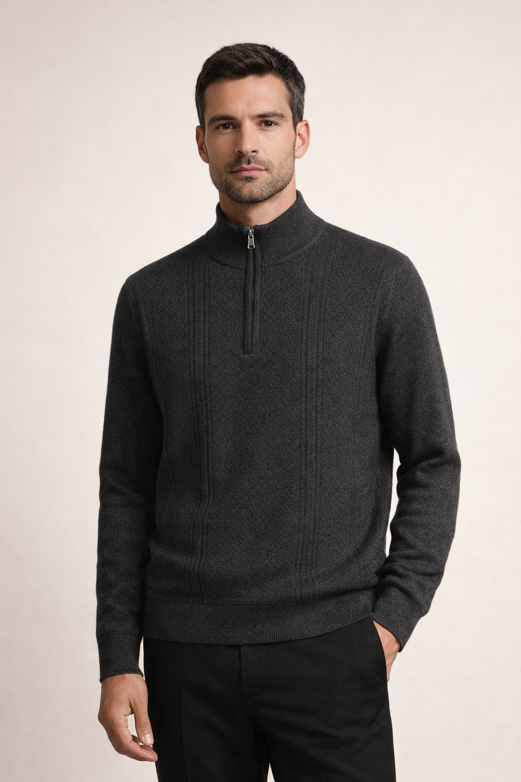 Ribbed Quarter Zip Dark Grey