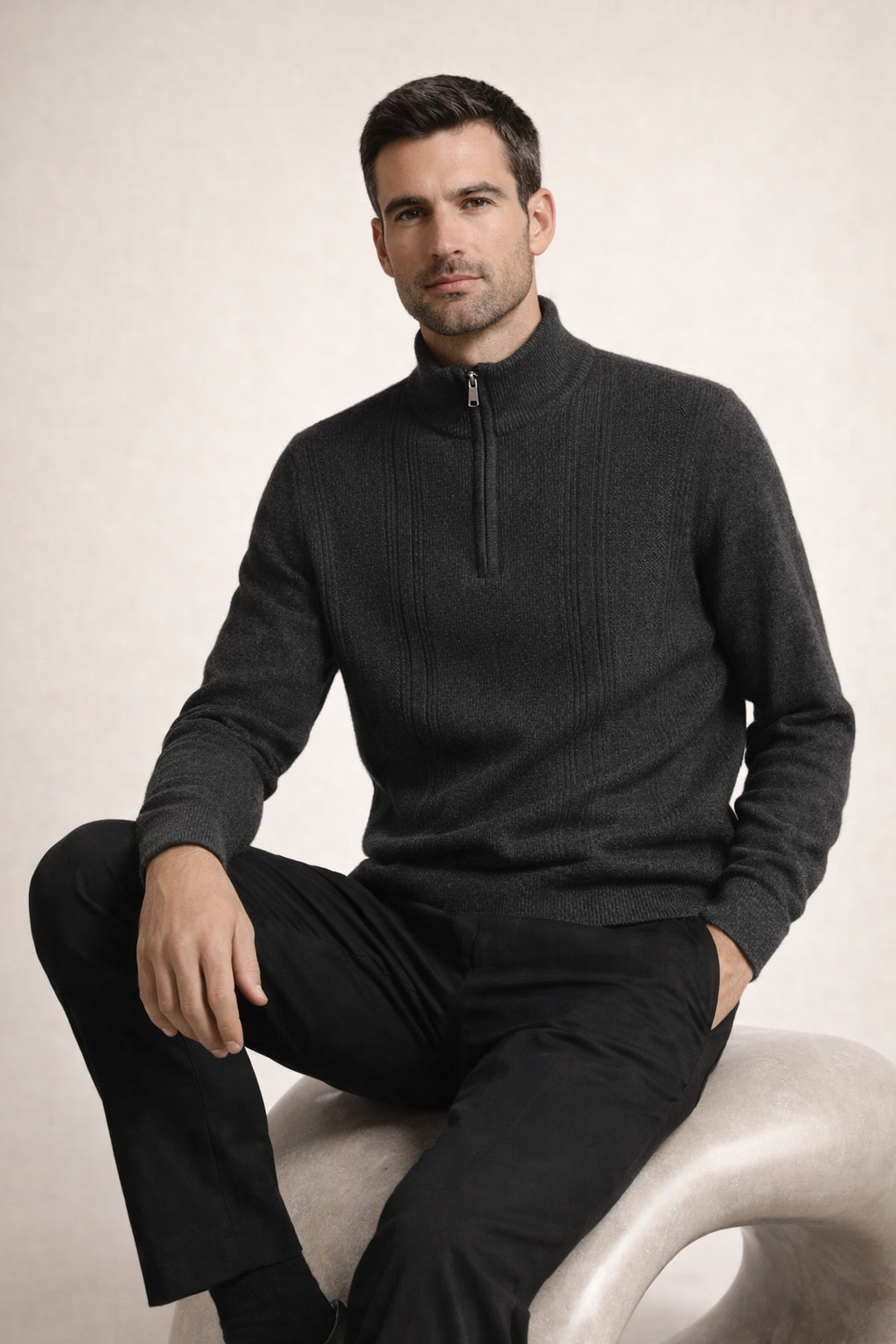 Ribbed Quarter Zip Dark Grey