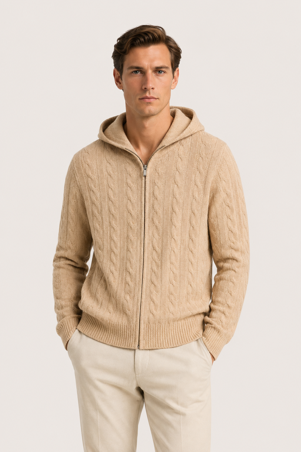 Hooded Cable Knit Sand Beige