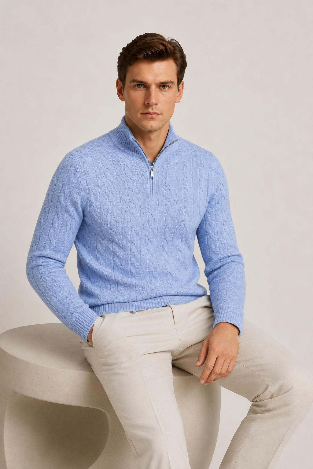 Classic Cable Quarter Zip Light Blue