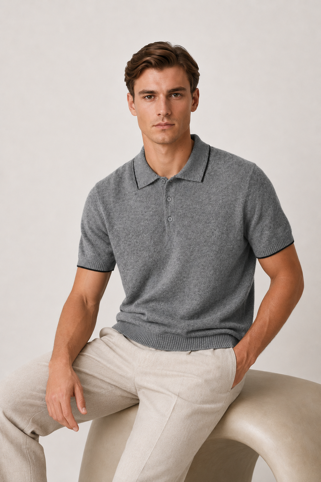 Fine Striped Knit Polo Light Gray