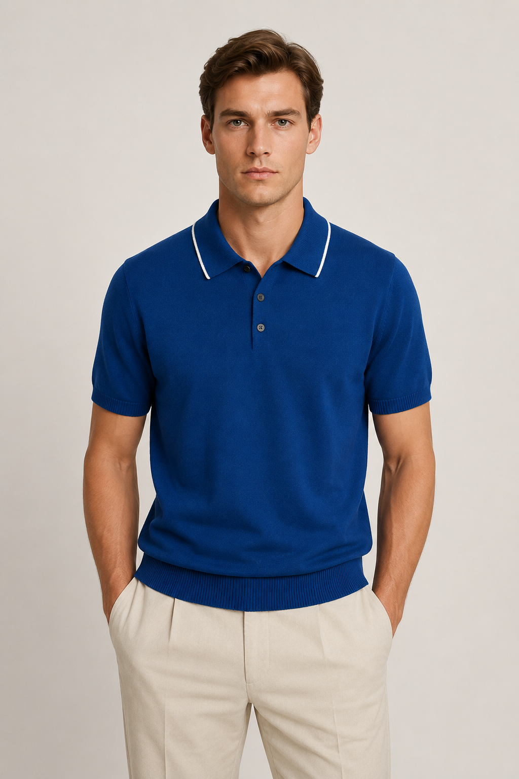 Fine Striped Knit Polo Dark Blue