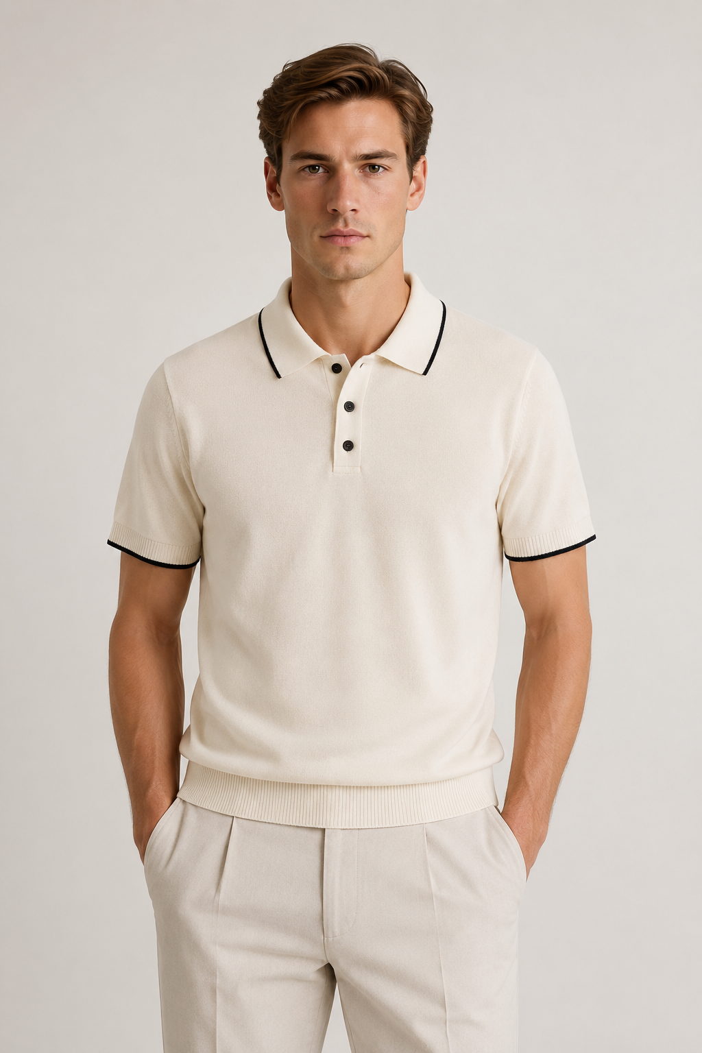 Fine Striped Knit Polo White