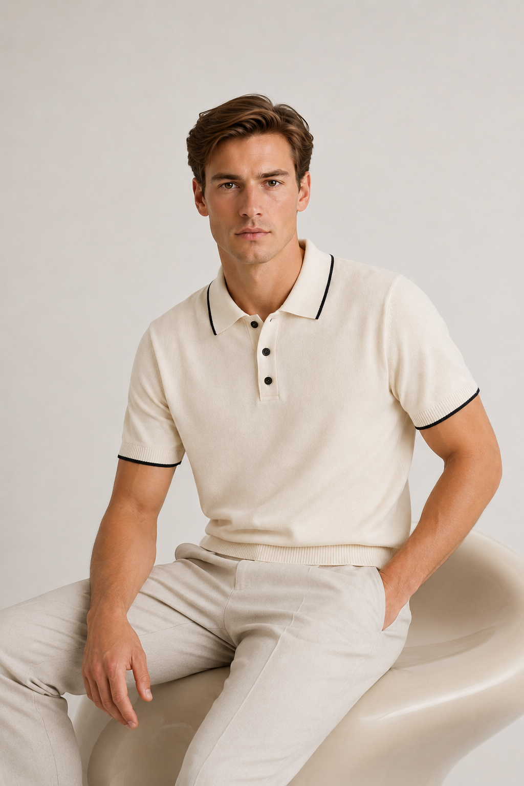 Fine Striped Knit Polo White