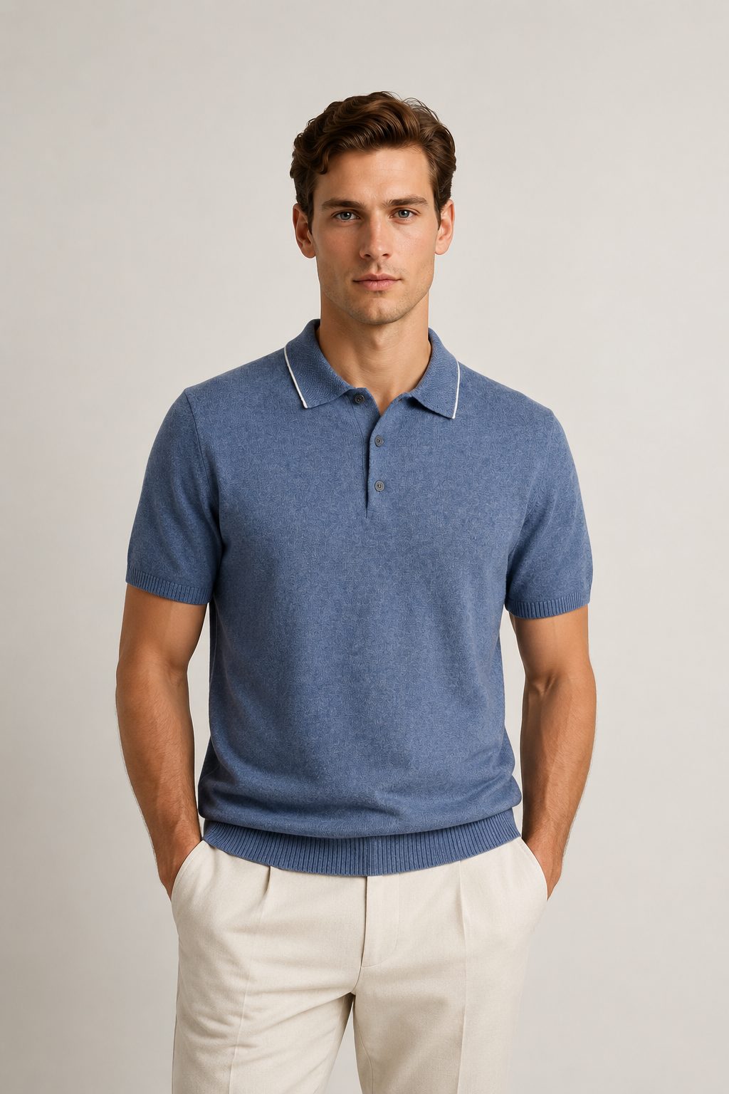 Fine Striped Knit Polo Blue