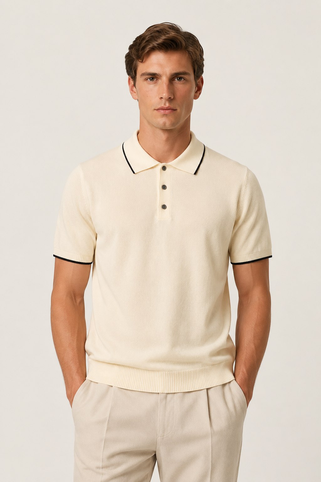 Fine Striped Knit Polo Beige