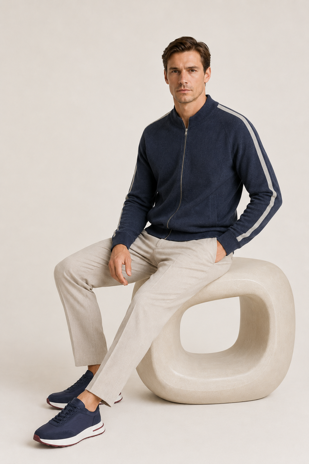 Rib Collar Zip Knit Navy