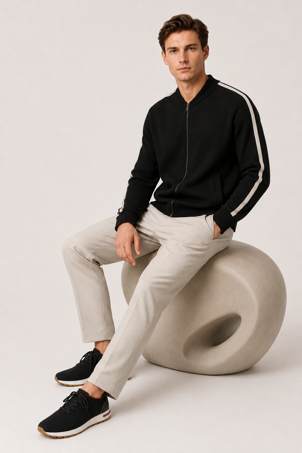 Rib Collar Zip Knit Black