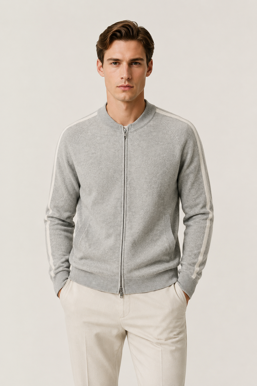Rib Collar Zip Knit Light Gray
