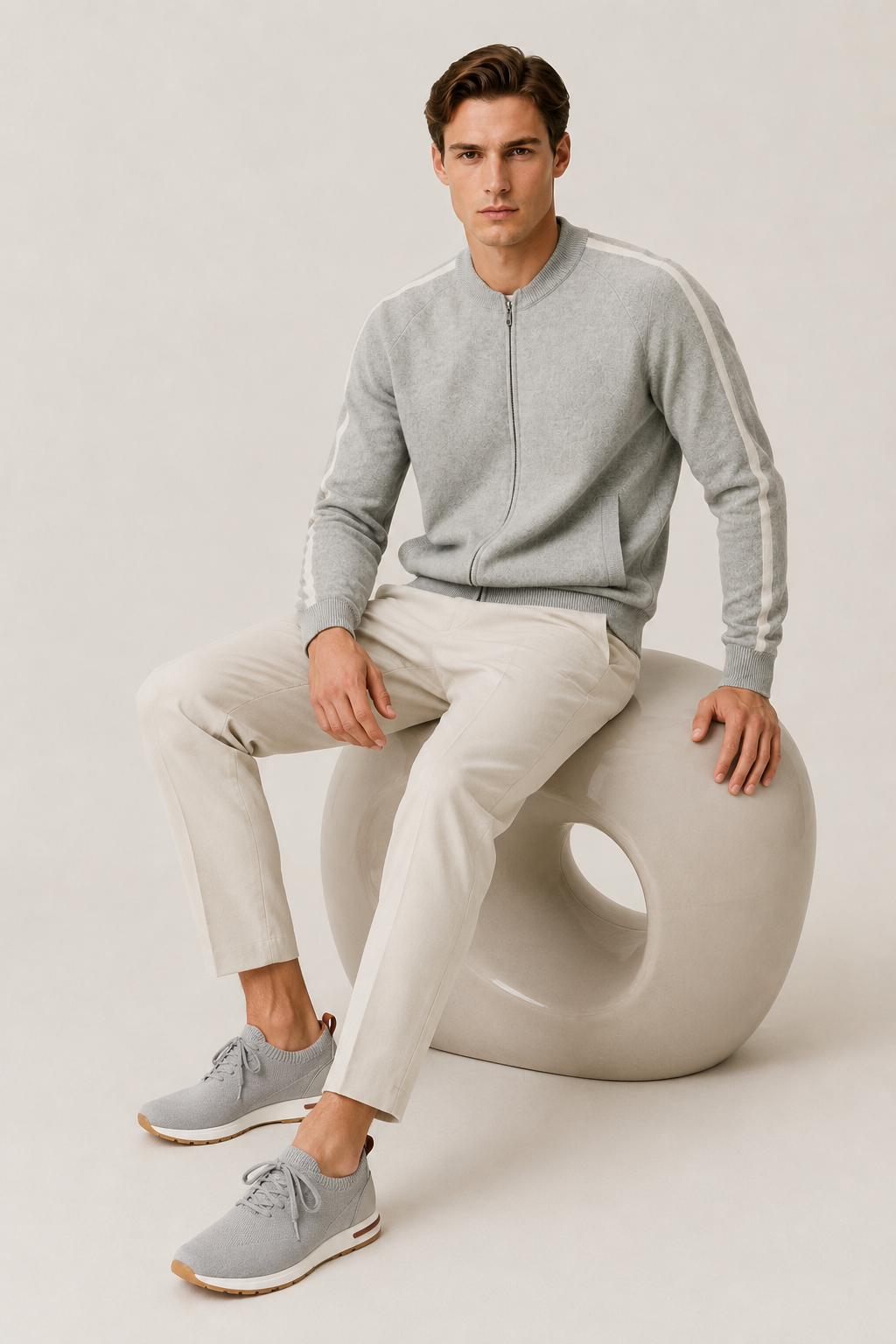 Rib Collar Zip Knit Light Gray