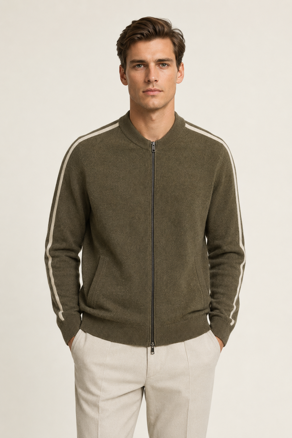 Rib Collar Zip Knit Olive