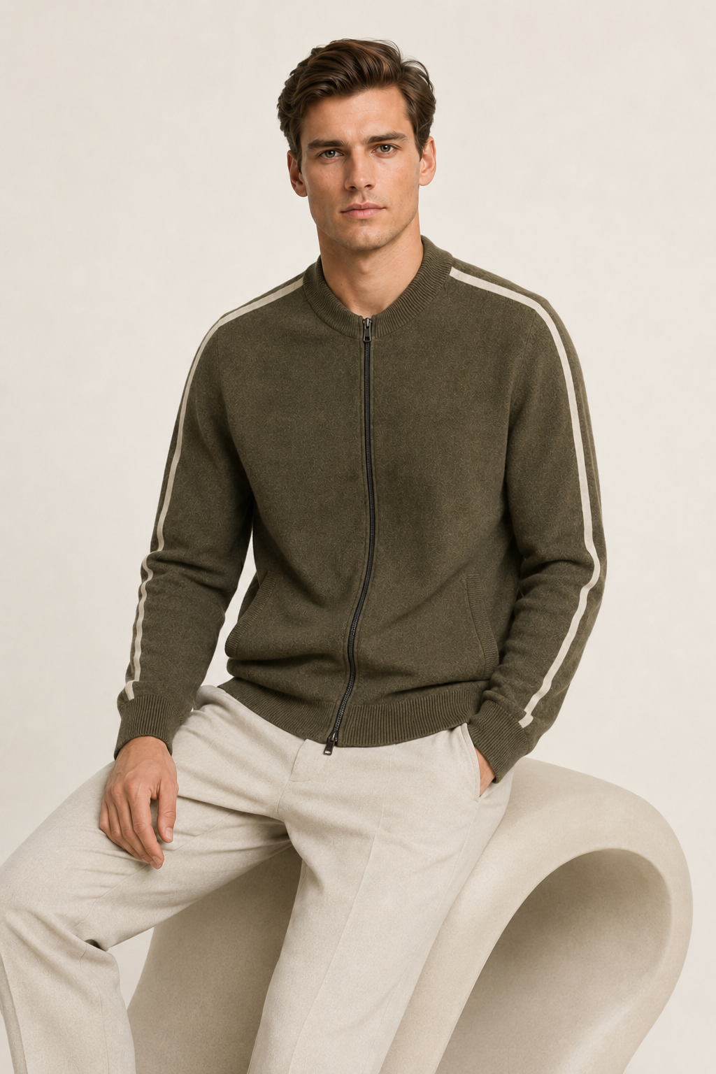 Rib Collar Zip Knit Olive