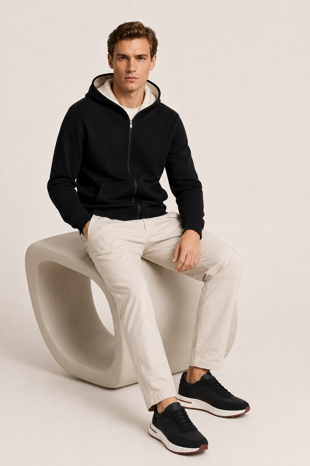 Reversible Hooded Zip Knit Ivory & Black
