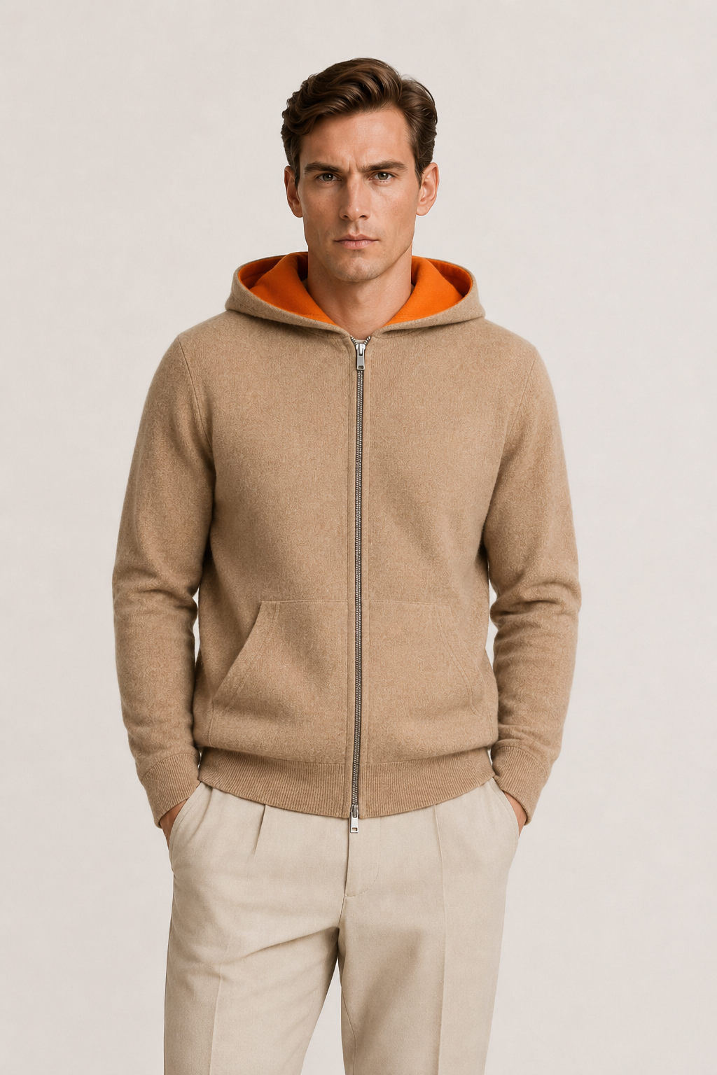 Reversible Hooded Zip Knit Beige & Orange