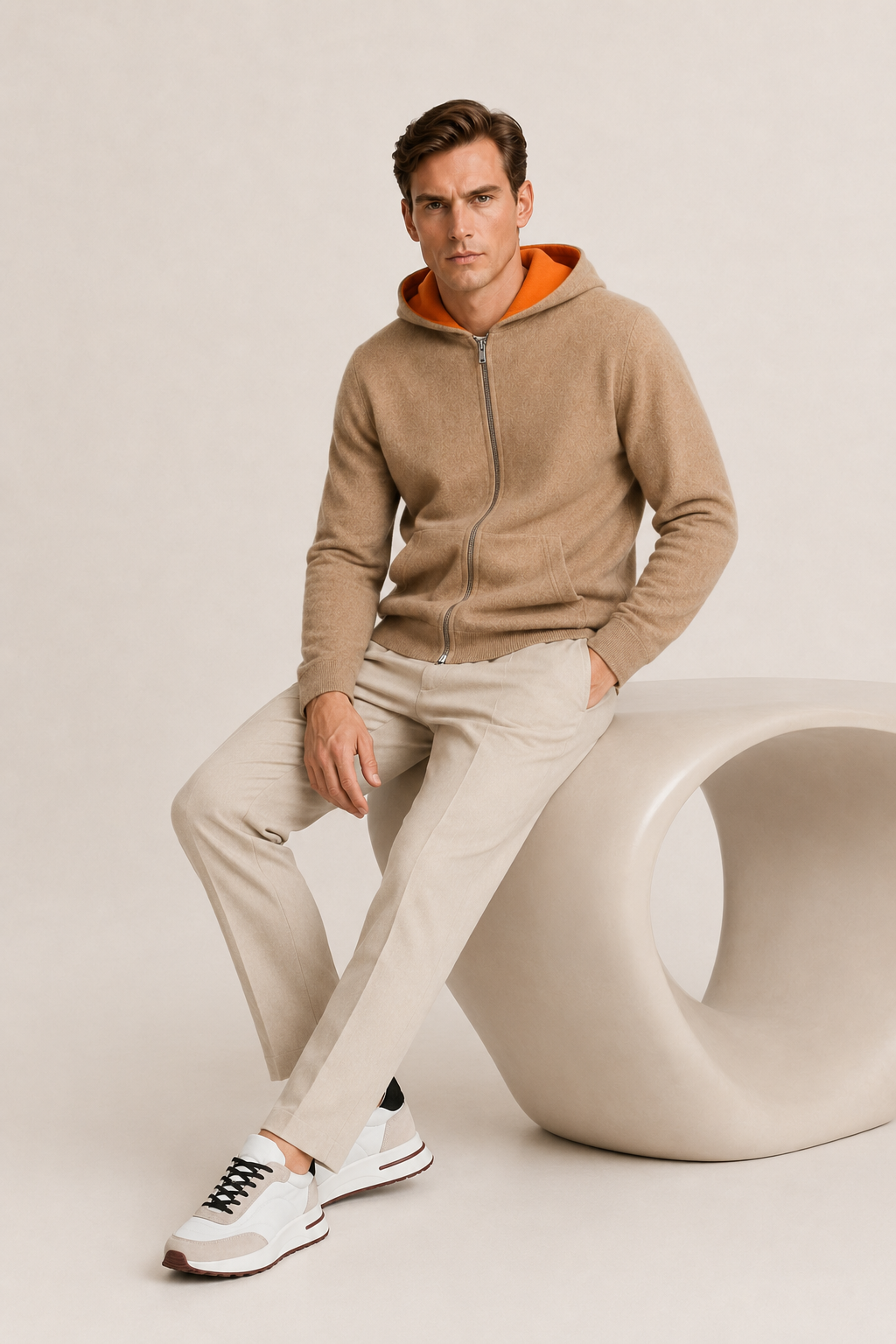 Reversible Hooded Zip Knit Beige & Orange