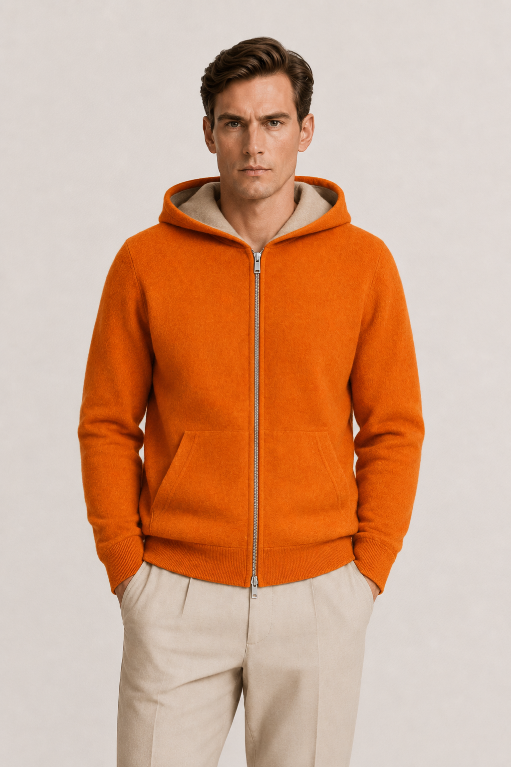 Reversible Hooded Zip Knit Beige & Orange